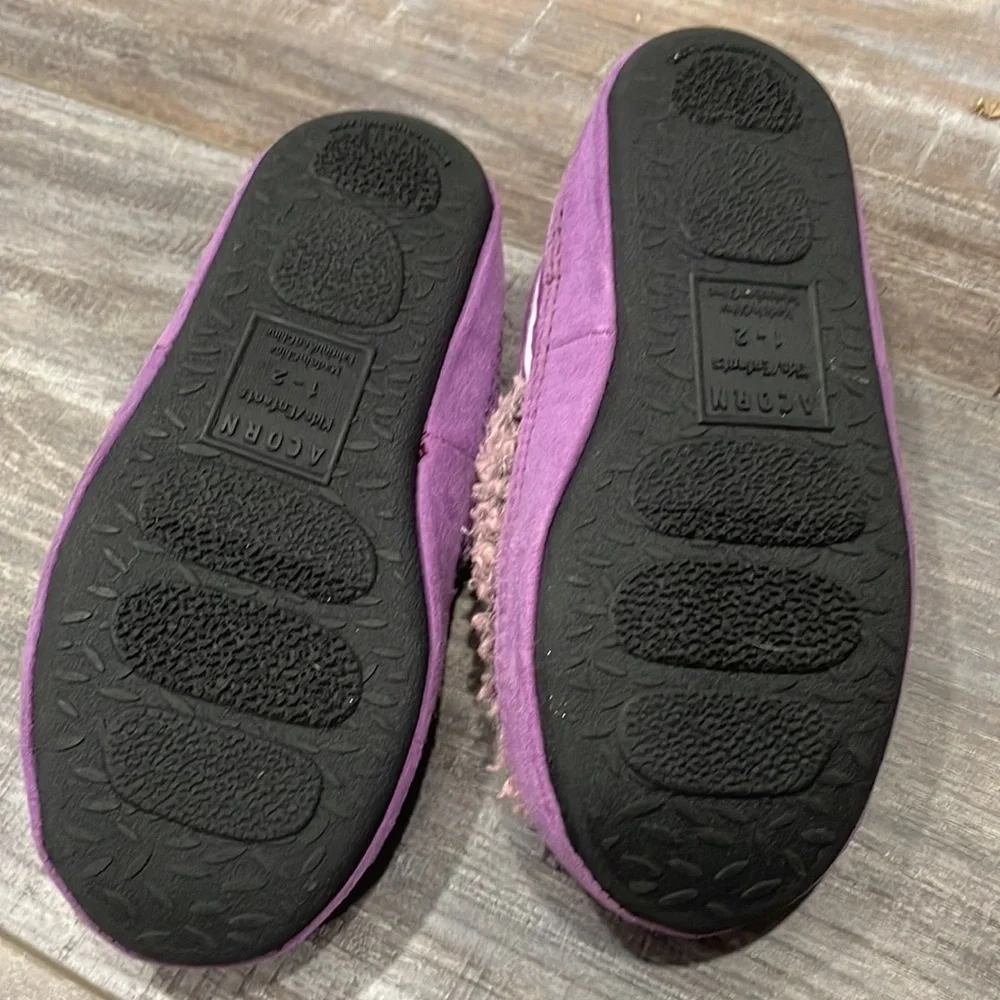 Acorn Moc Critter Iris Owl Purple Stripe Slippers Size 1/2